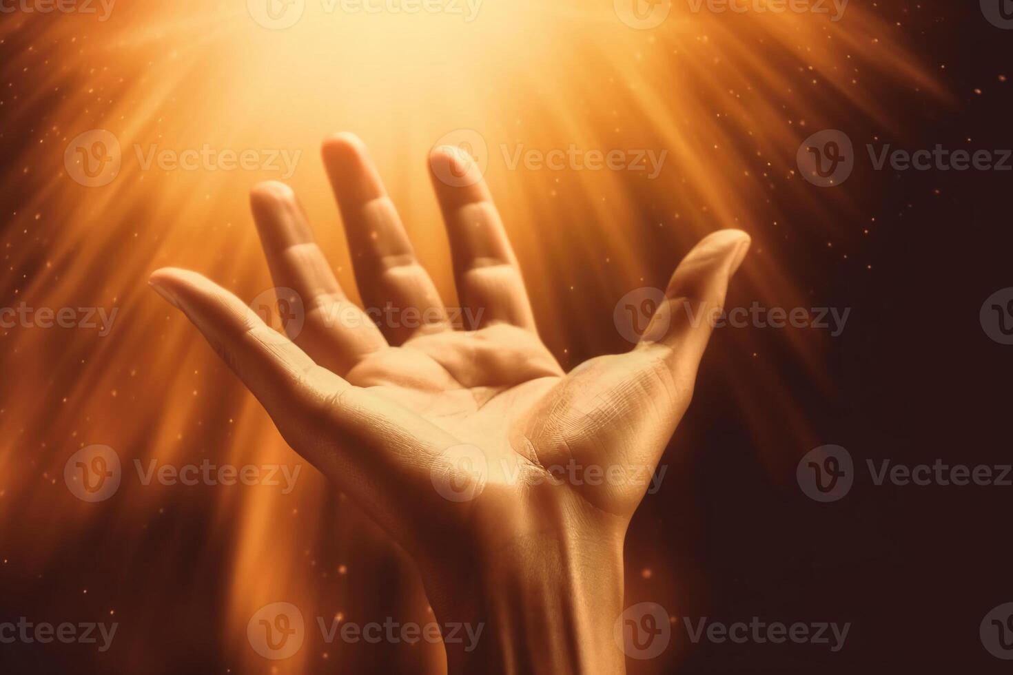 Human hands open palm up worship with faith in religion and belief in God on blessing background. photo