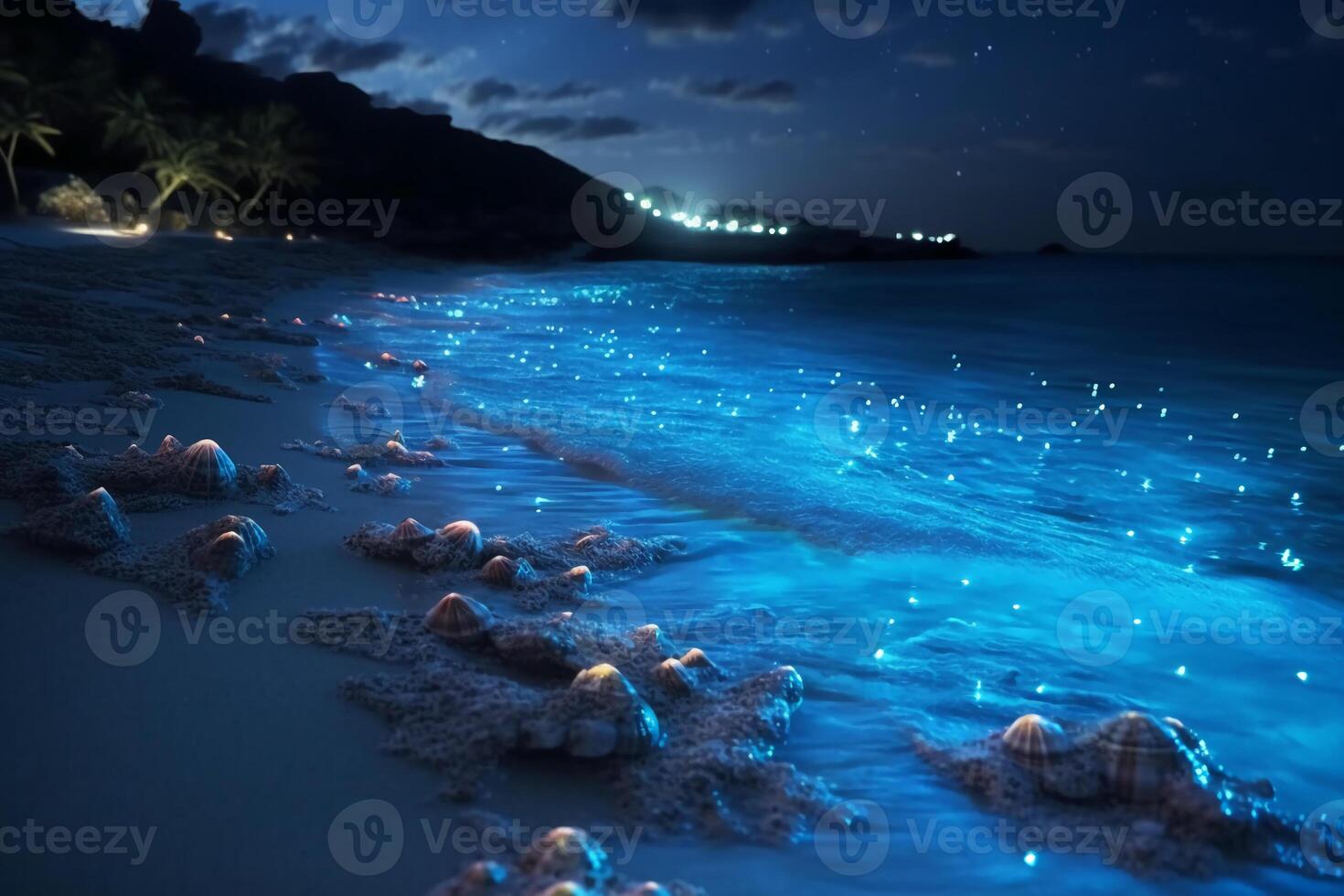 Ocean shore at night, the water is full of dinoflagellates, glowing with millions bright blue neon glow in the dark tiny dots. photo