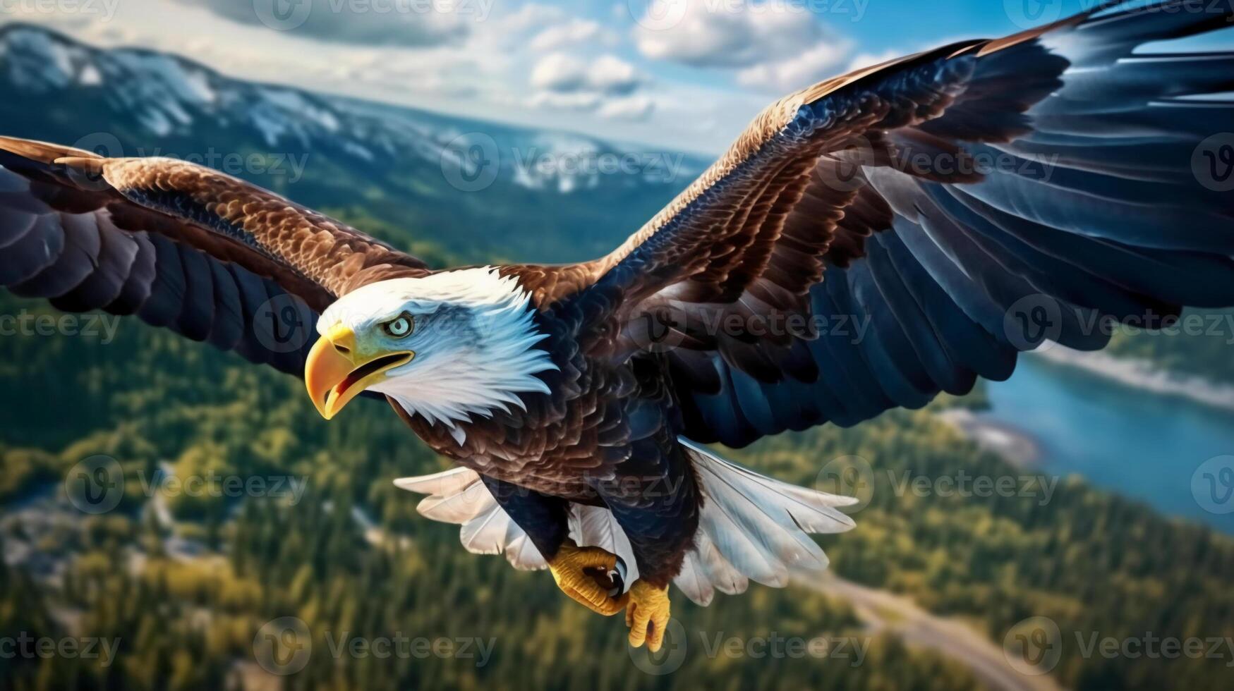 Photorealistic image of a majestic eagle soaring in the sky. photo