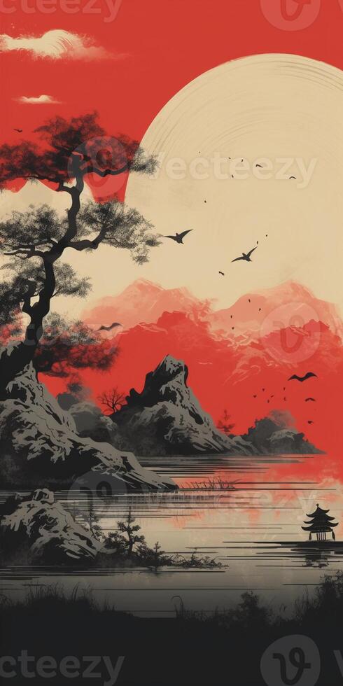 Vintage Minimalistic landscape, Japanese style. photo
