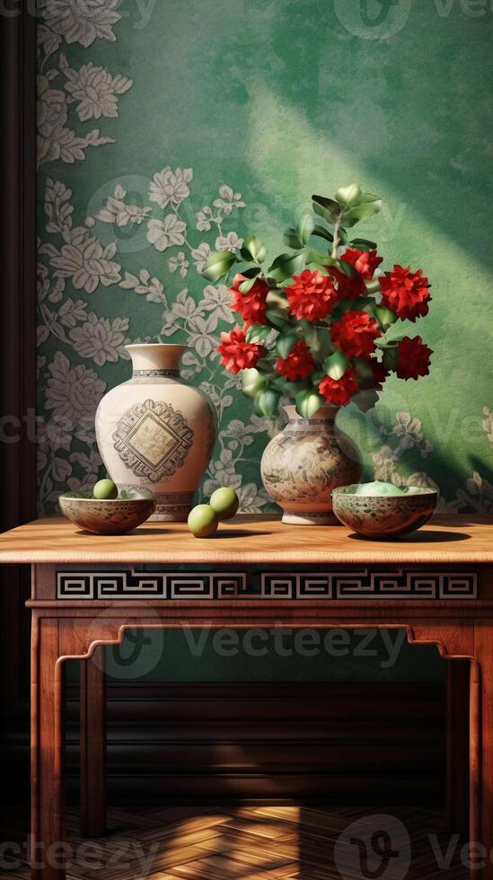 A brown table, wooden, classical style bouquet on the right side of the table. photo