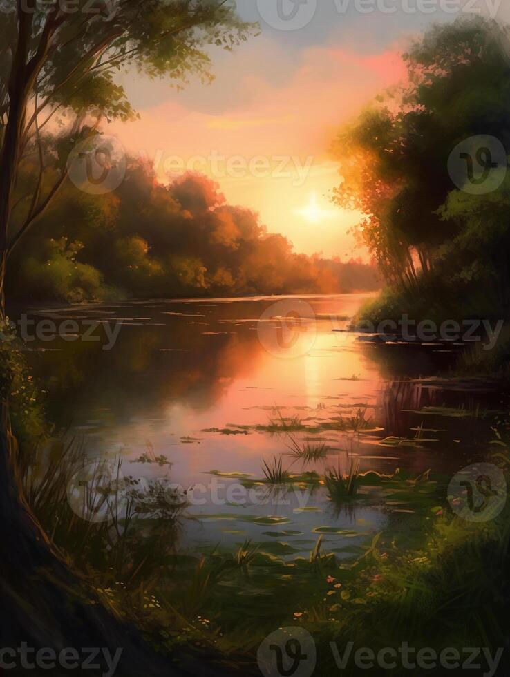 A peaceful lake surrounded by lush greenery and trees, with a realistic yet slightly artistic style. photo