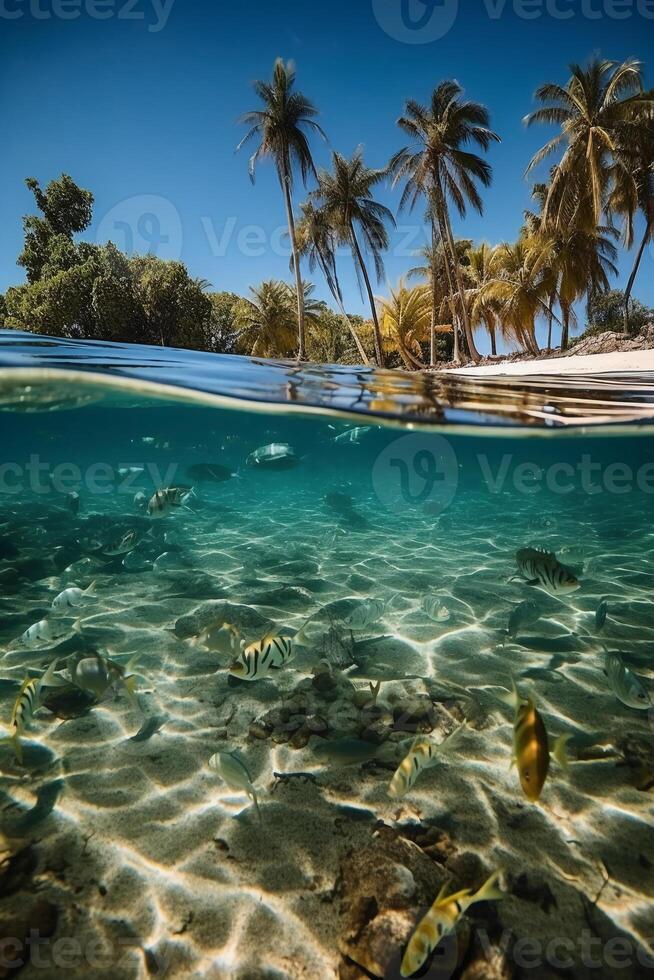 Photograph of beautiful inviting beach scene with blue sky. photo