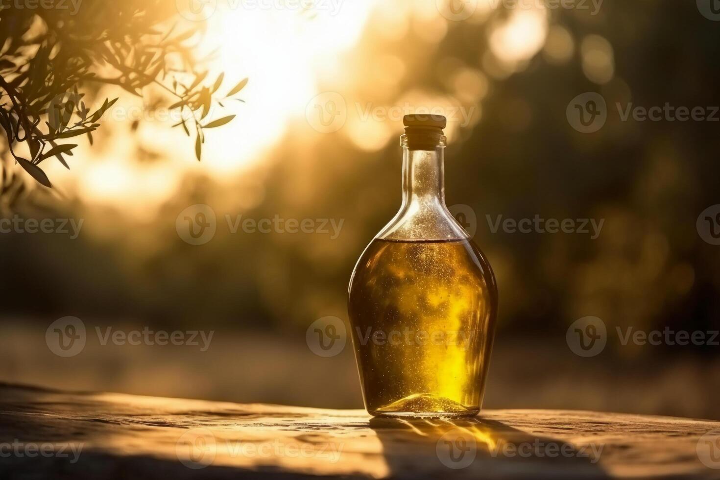 Golden olive oil bottle on wooden table olive field in morning sunshine. photo