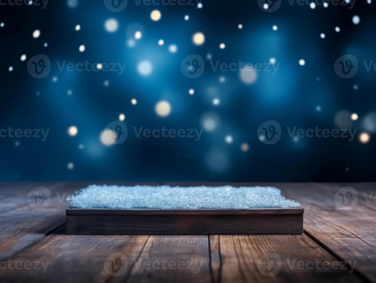 Winter snowy stage background with wooden flooring and Christmas lights on blue background, banner format, copy space. photo