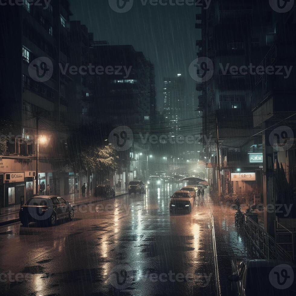 Heavy Rain and Dark Night in the Urban. photo
