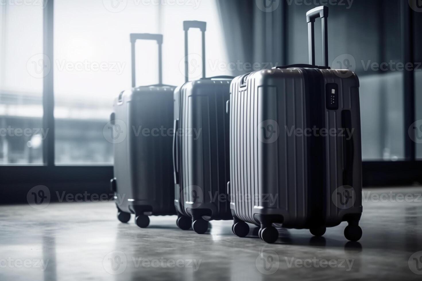 Luggage suitcases at the airport wide banner with copy space area for vacations and holiday travel concepts. photo