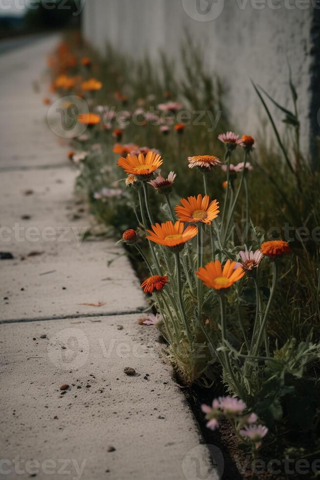 Some flowers that are lined up on the side of a road. photo