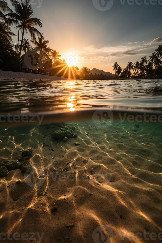 Photograph of beautiful inviting beach scene with sunset sky. photo