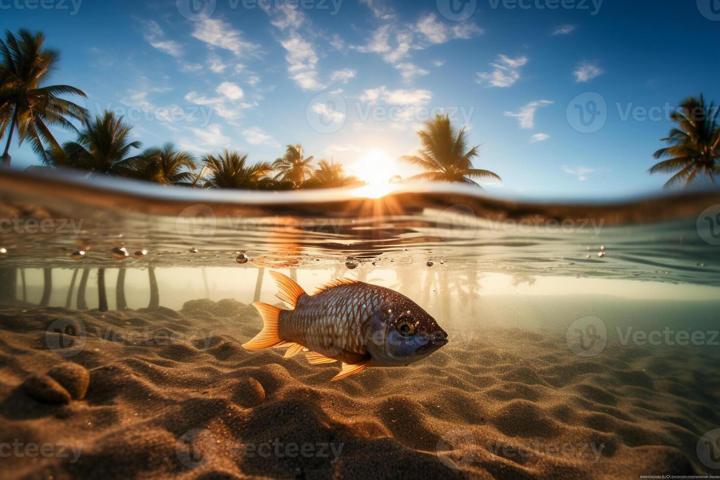 Photograph of beautiful inviting beach scene with sunset sky. photo