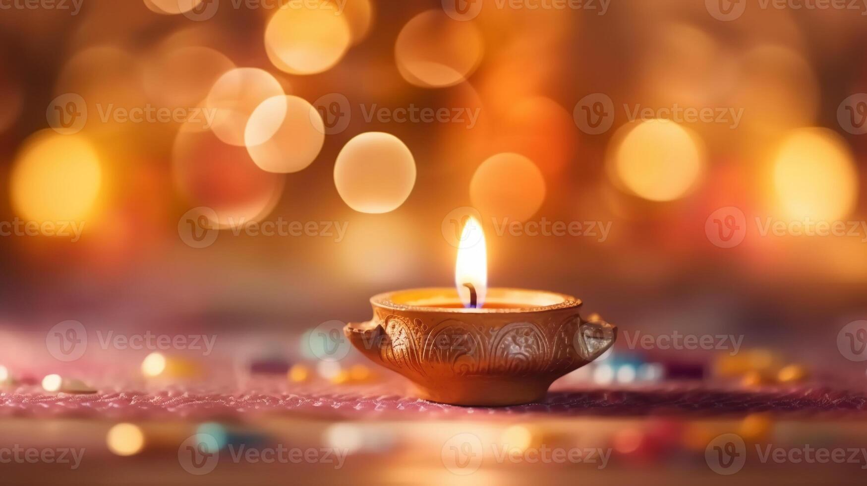 A Diya oil lamp, Diwali concept, blurred Hindu festival of lights celebration background. photo