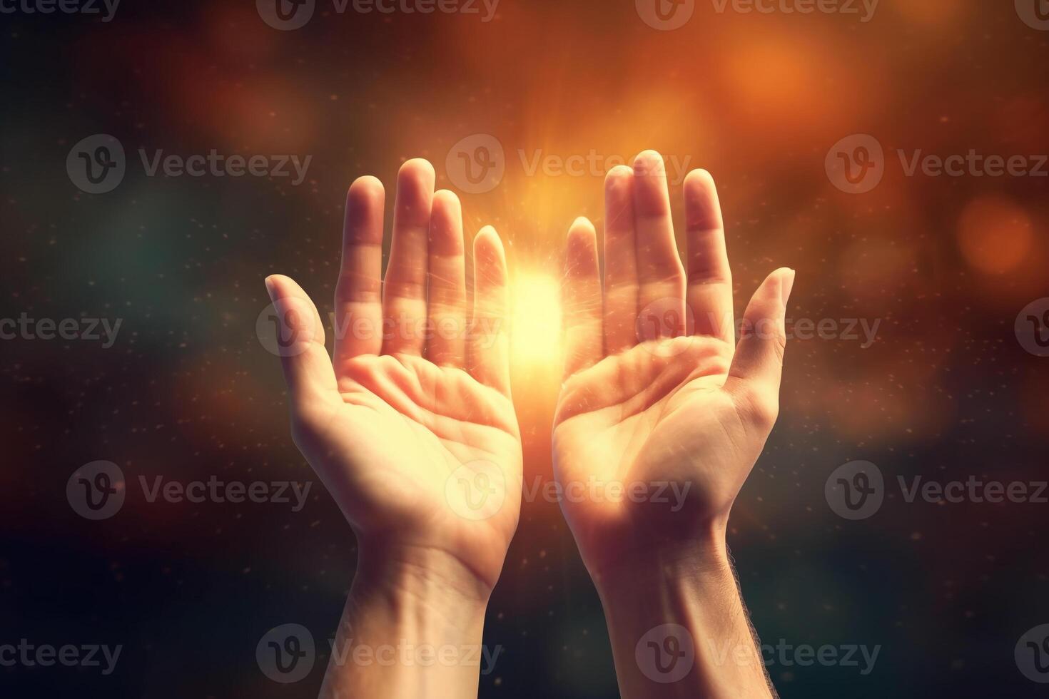 Human hands open palm up worship with faith in religion and belief in God on blessing background. photo