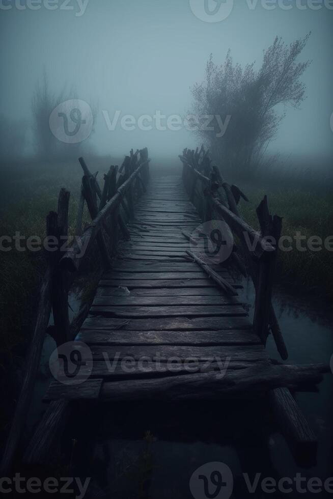 Old wooden bridge leading to nowhere in the fog, broken, gloomy dark blue, mysterious, loneliness. photo