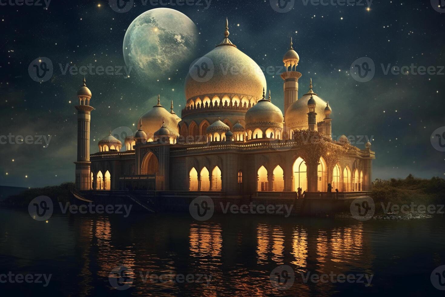 The mosque, Kareem lantern, Blurred star in night sky background, Eid al adha concept. photo