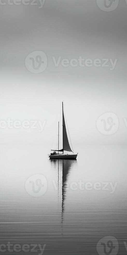white image of a lone sailboat on a calm sea, photo