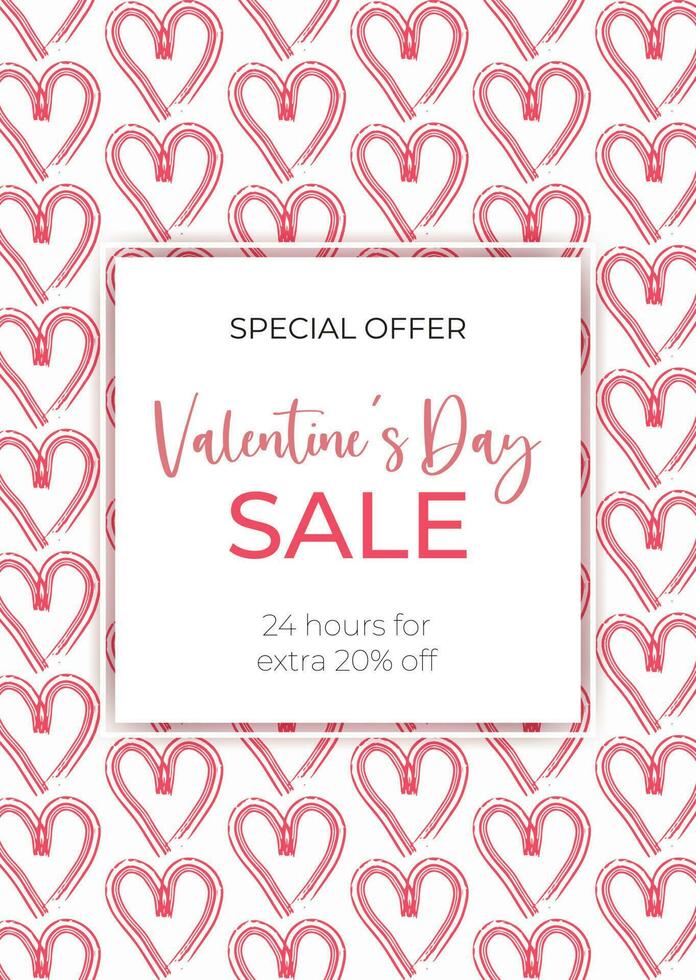 Sale poster, banner, flyer design for Valentines Day. Happy Valentines Day special offer. 20 discount offer on red hearts pattern background vector