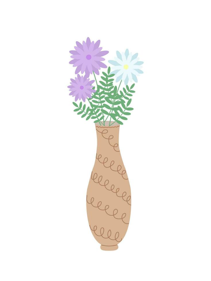 Flowers in beige porcelain vase simple flat style vector illustration, cozy home concept, bunch of flowers for romantic greeting card, invitation