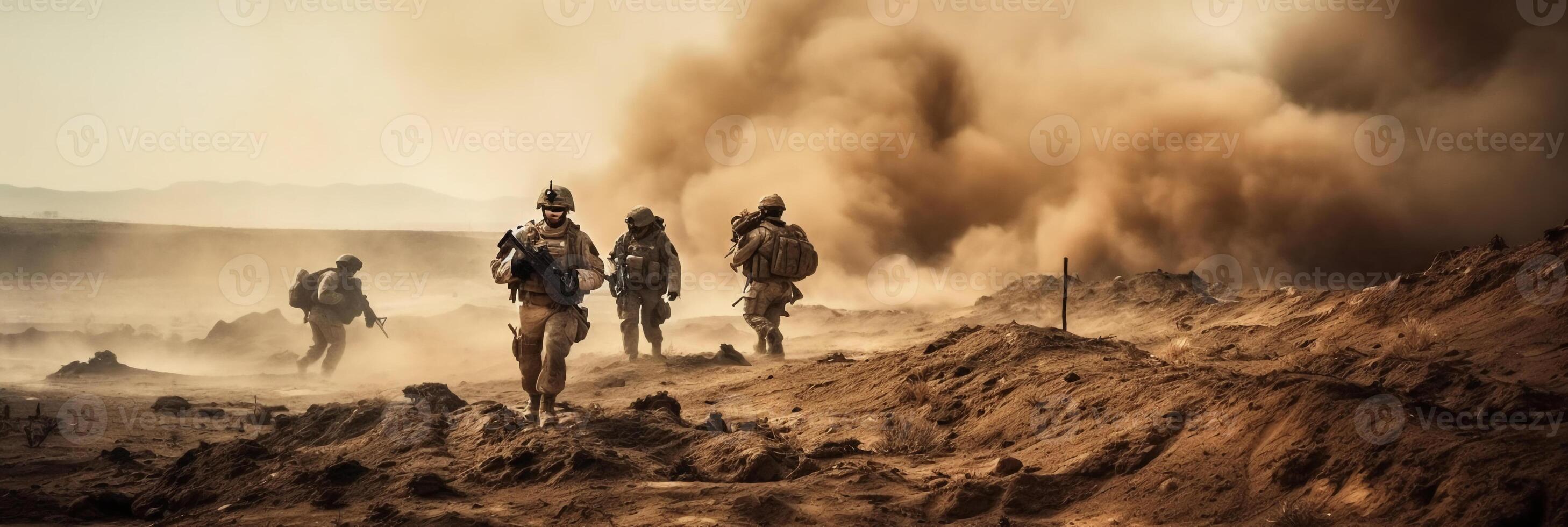 Military special forces soldiers crosses destroyed warzone through fire and smoke in the desert, photo