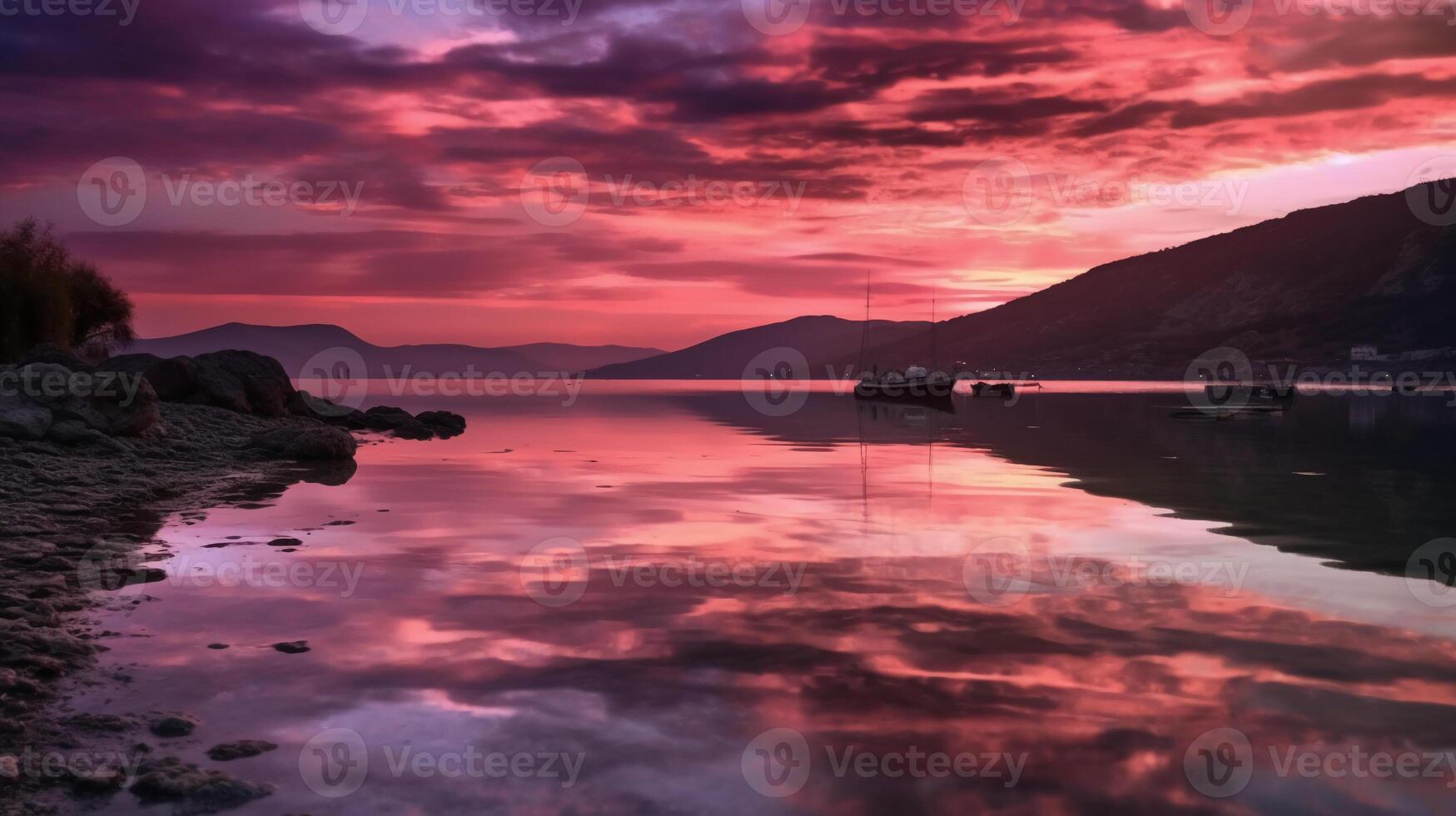 A scene in which the entire pink sky is reflected in the water. photo