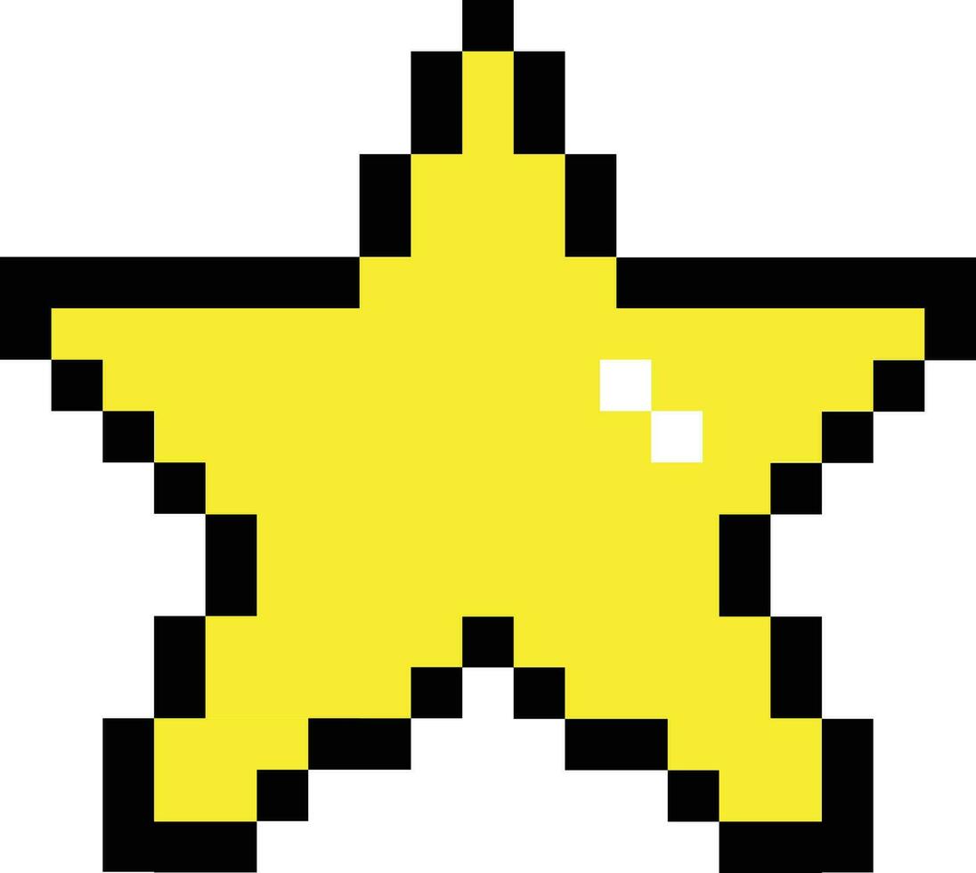 amarillo estrella píxel icono. estrella 8 pedacitos pixelado estilo signo. píxel Arte estrella amarillo símbolo. plano estilo. vector