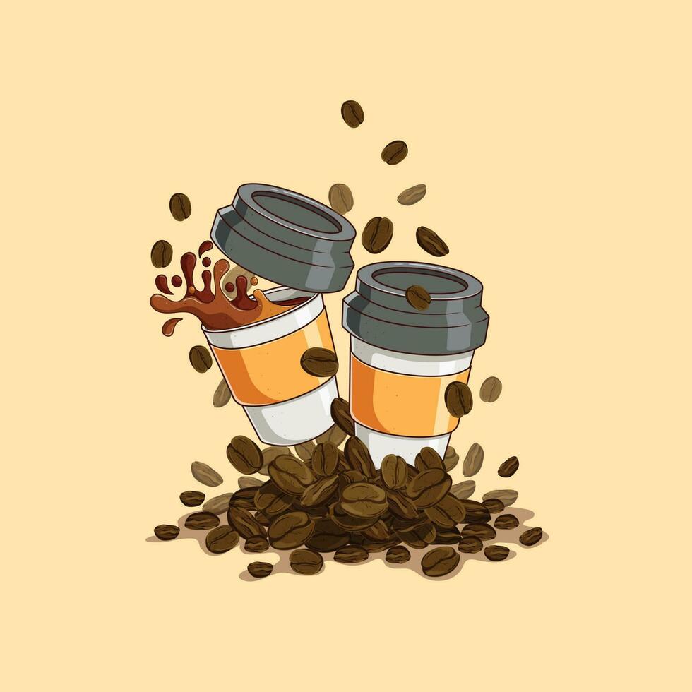 illustration of two paper cups on a pile of coffee beans filled with black coffee on a beige background vector