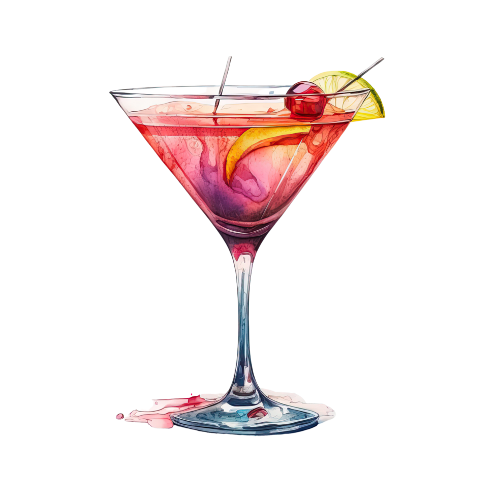 Colorful watercolor sketch set of cocktail drinks. Alcohol beverages. Cocktail drink in highball glass, champagne saucer, rocks glass, shot glass, png