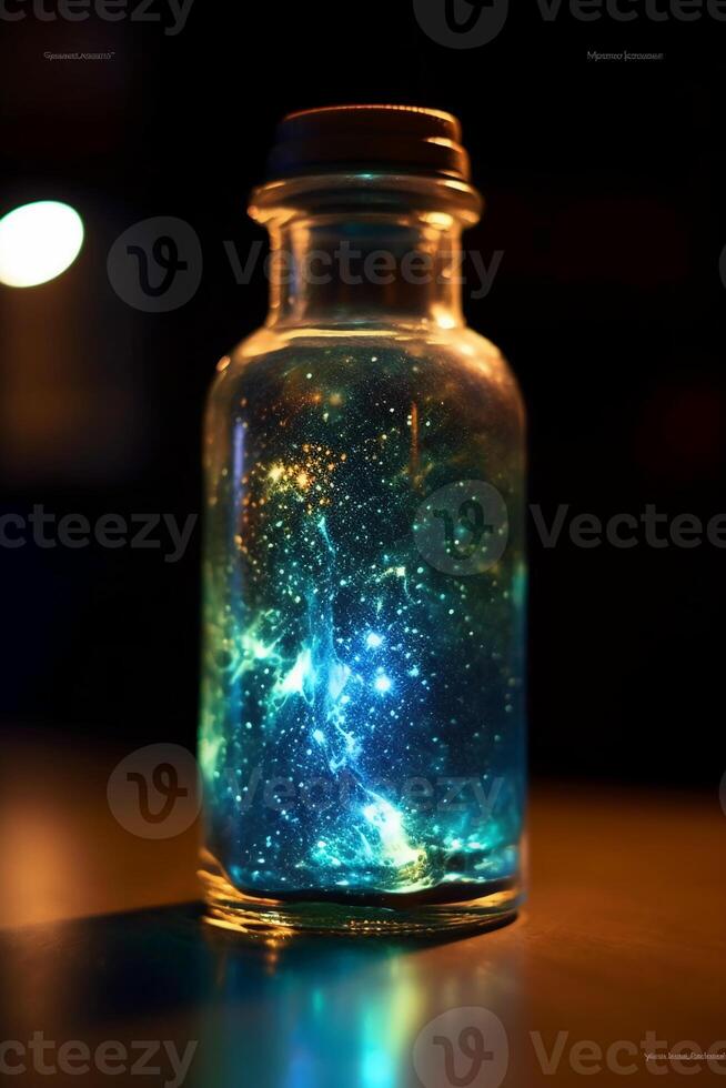 Glowing galaxy in a glass bottle. photo