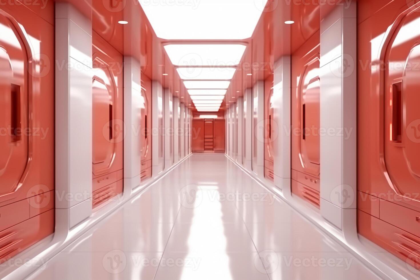 Futuristic background science fiction interior white wall and red light architecture corridor,. photo