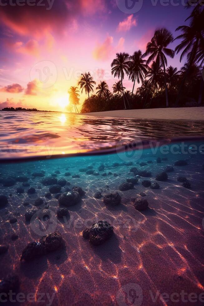 fotografía de hermosa atractivo playa escena con púrpura puesta de sol cielo. ai generativo foto