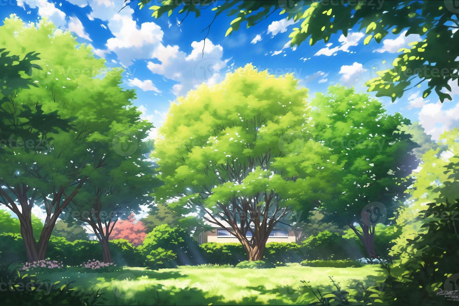 Beautiful wide format image of a manicured country lawn surrounded by trees and shrubs on a bright summer day. photo