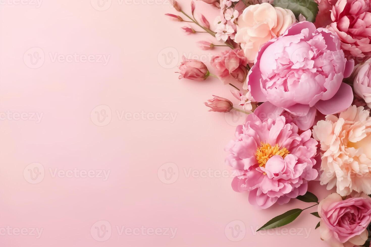 peonias, rosas en púrpura antecedentes con Copiar espacio. resumen natural floral marco diseño con texto espacio. romántico femenino composición. Boda invitación.. ai generativo foto