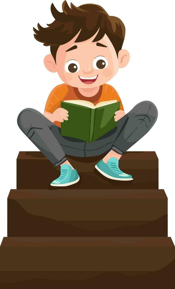 boy pupil sits on the stairs and reads a book vector