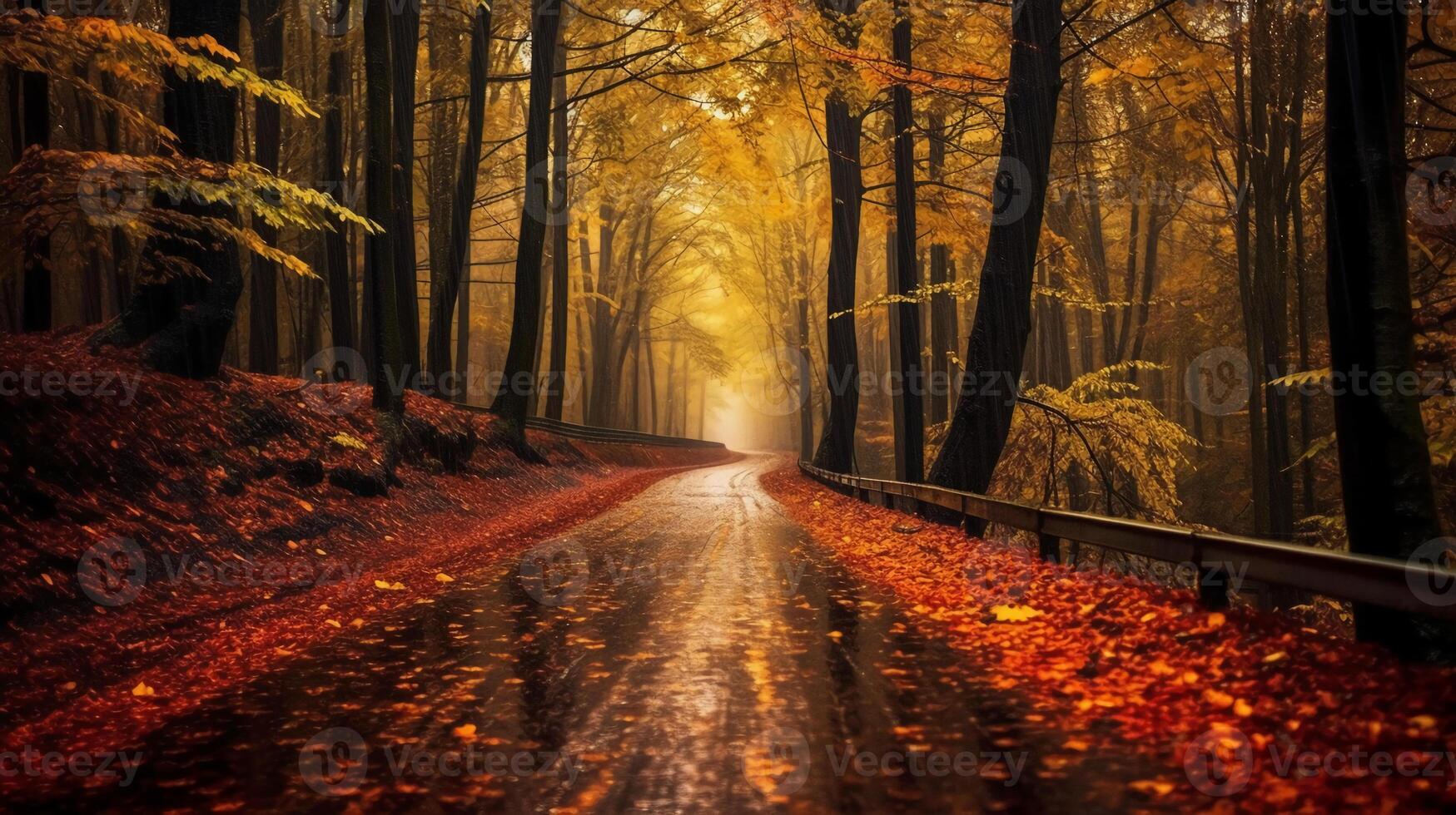 a beautiful long road in autumn season is lined with trees bearing colorful leaves. photo