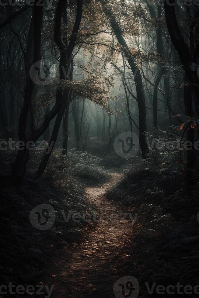 Dark forest, with a path in the middle, horror ambient, trees on the side. photo