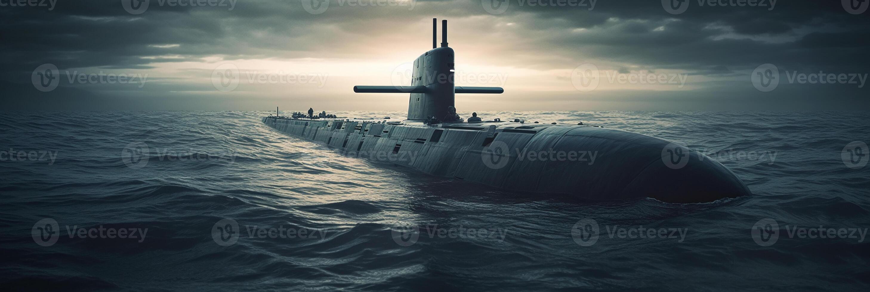 genérico militar nuclear submarino flotante en el medio de el océano. ai generativo foto