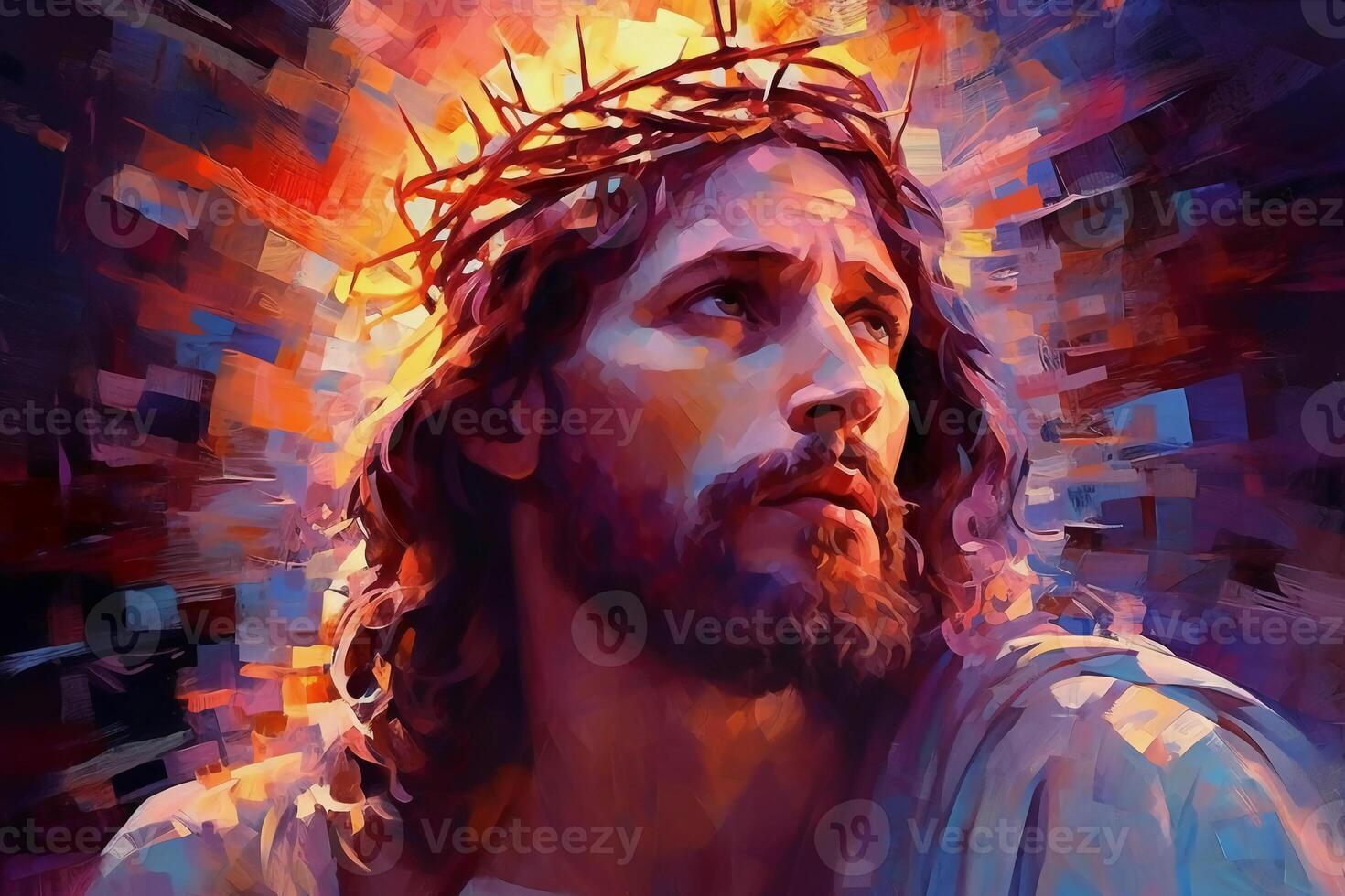 Jesus with a crown of thorns surrounded by glowing light Palette knife drawing. photo