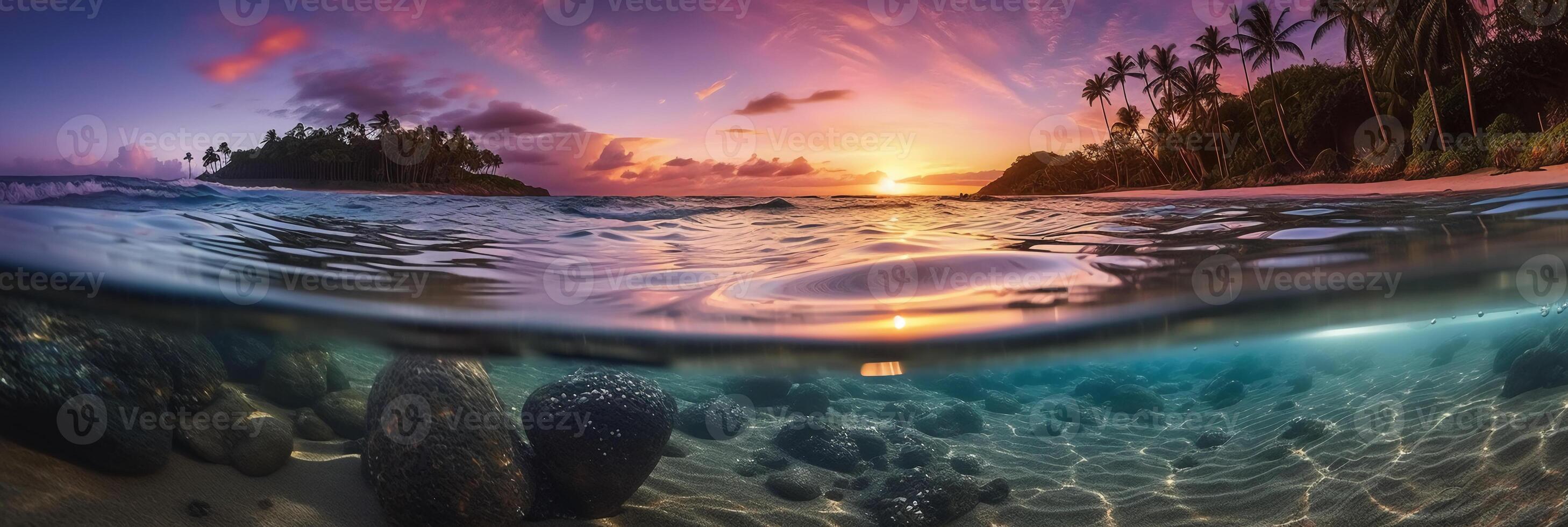 Photograph of beautiful inviting beach scene with purple sunset sky. photo
