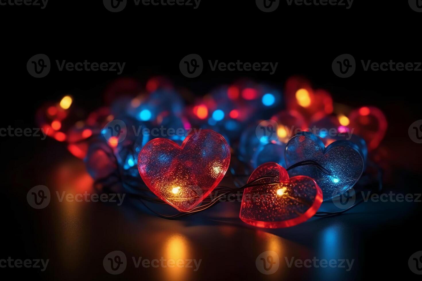 Valentine day background. Love light. Romantic ornament. Yellow round led string neon red blue color blur heart glow festive pattern on defocused dark. photo