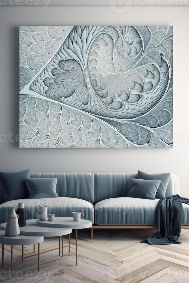 Light Blue and White Fractal Canvas Print, Abstract Line Art, Printable Wall Art, Minimalist Poster. photo
