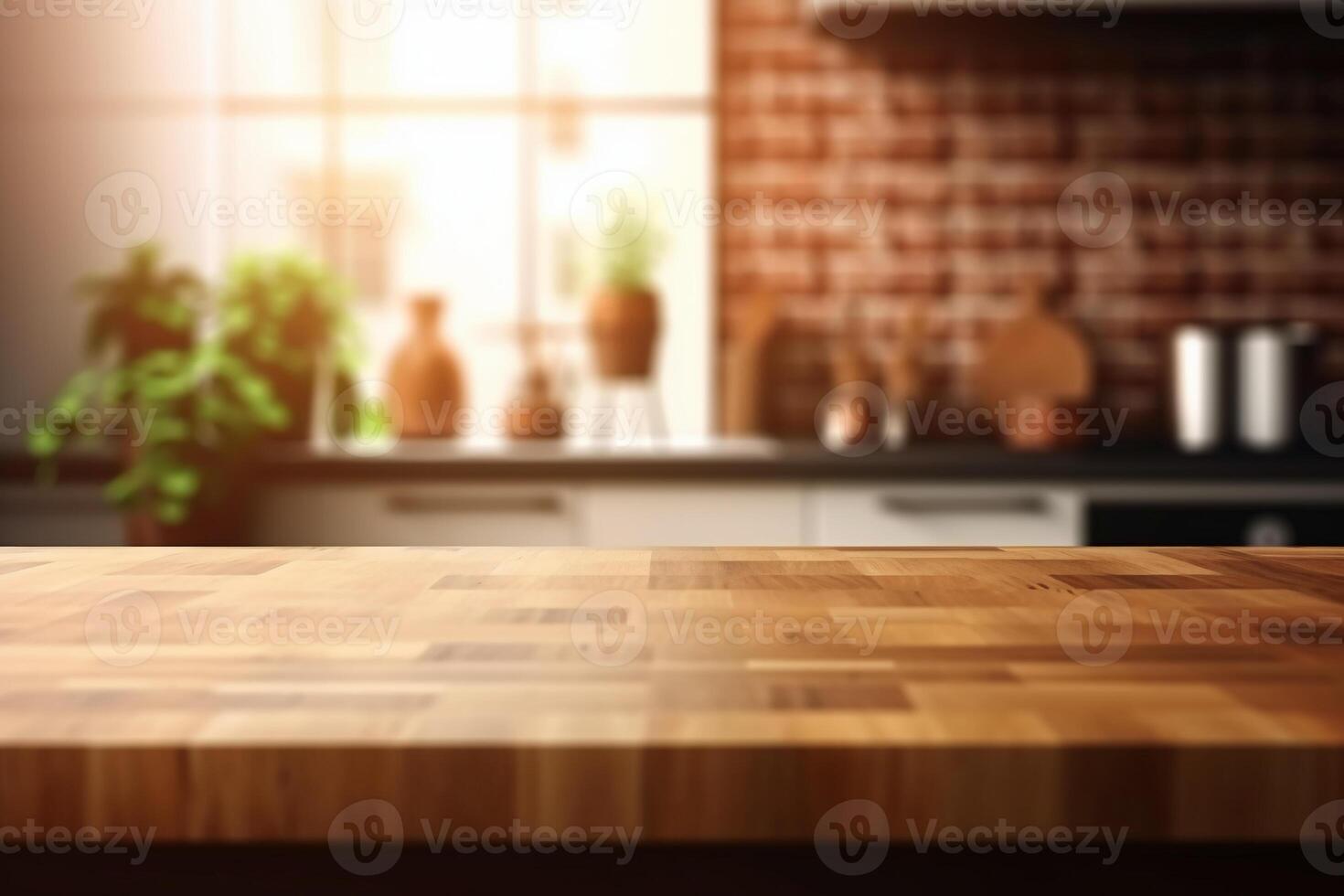 Wooden table top on blur kitchen room background. photo