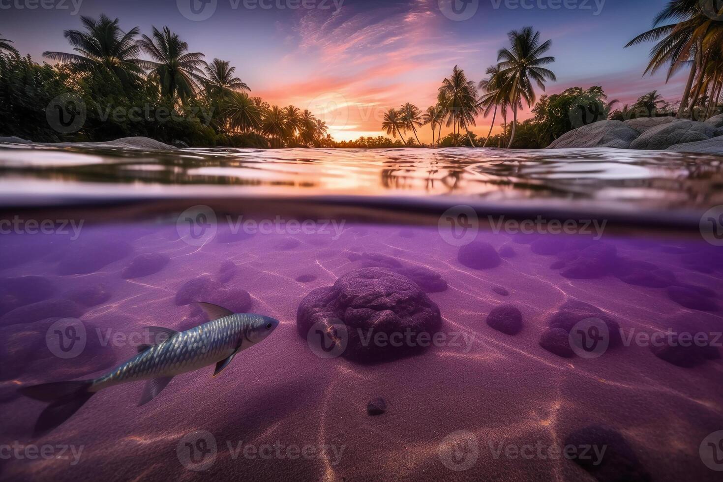 Photograph of beautiful inviting beach scene with purple sunset sky. photo