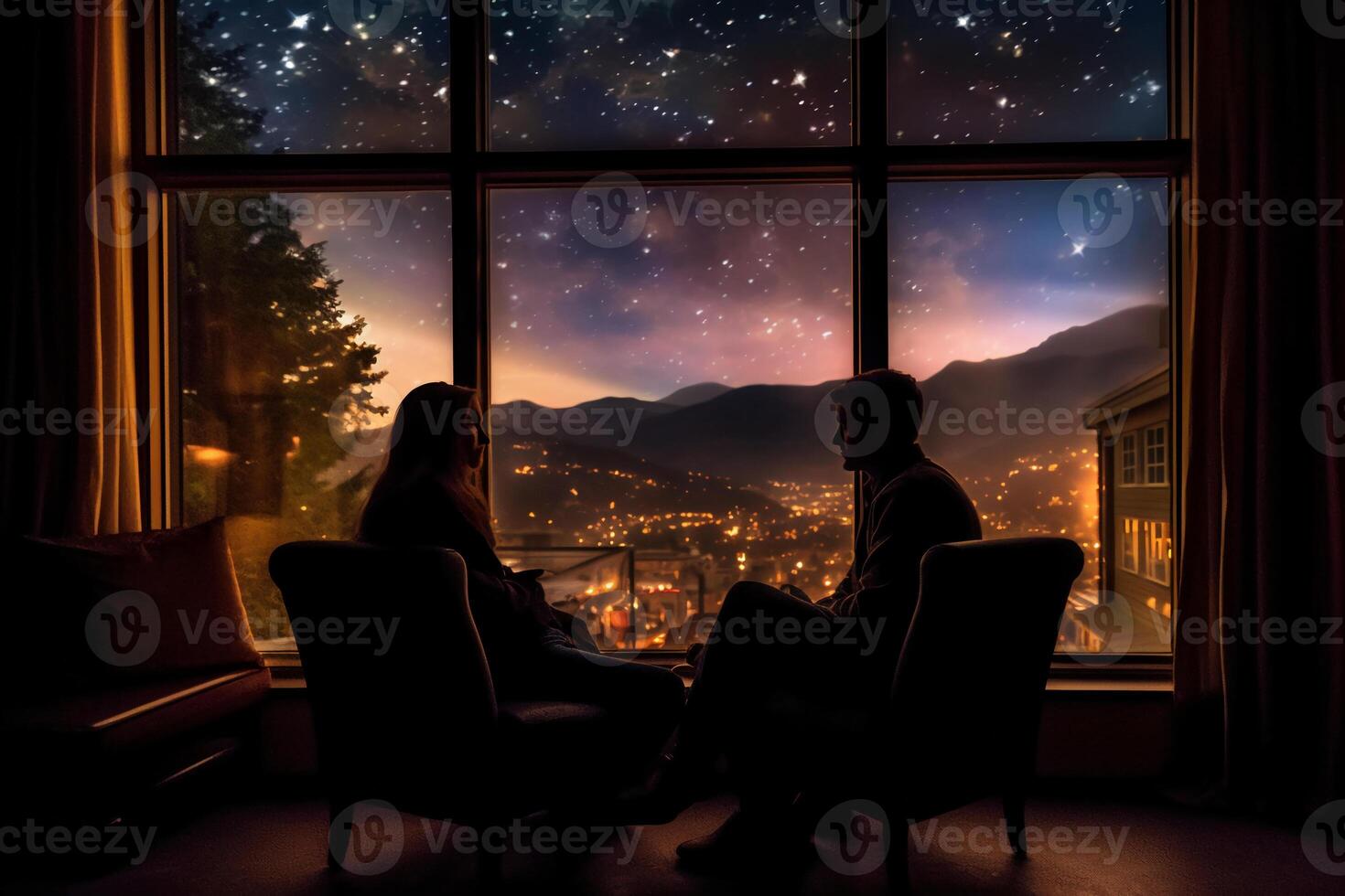 el espalda de un Pareja sentado por el hotel ventana, el ver mediante el ventana es un estrellado noche. ai generativo foto