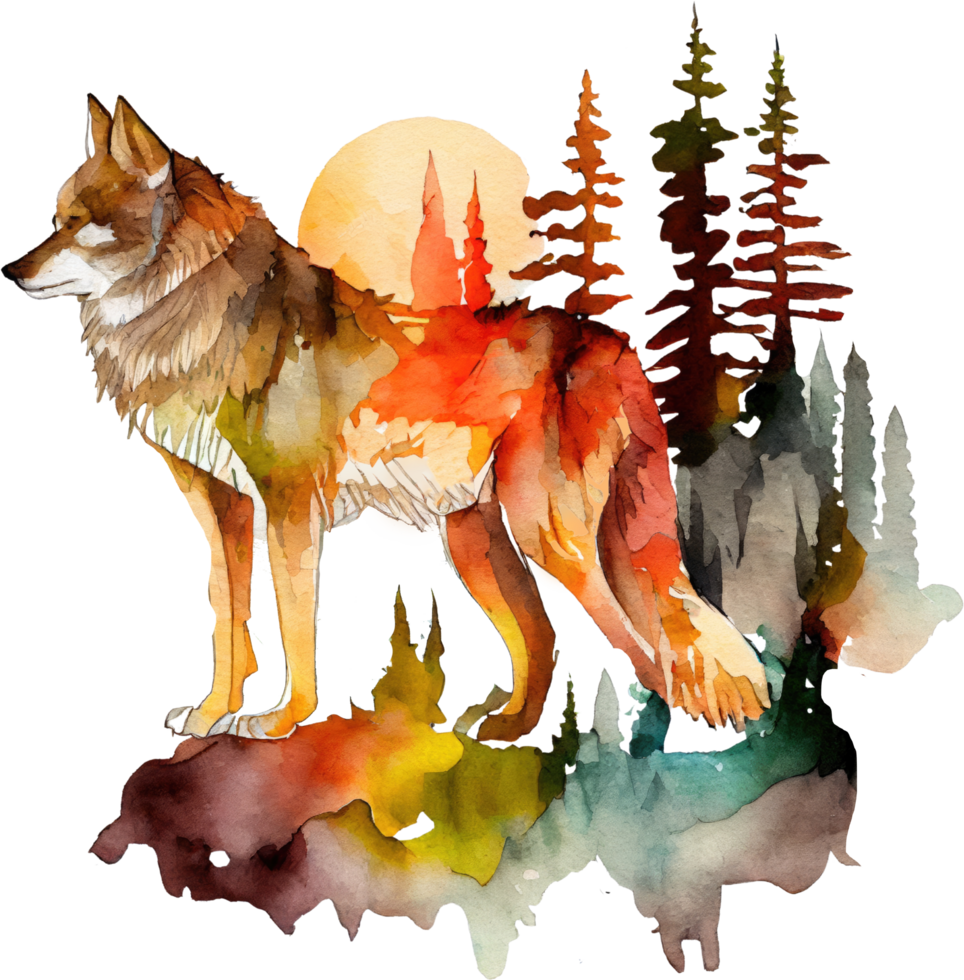 abstract Woud wolf sublimatie waterverf t-shirt ontwerp, transparant achtergrond, ai gegenereerd png