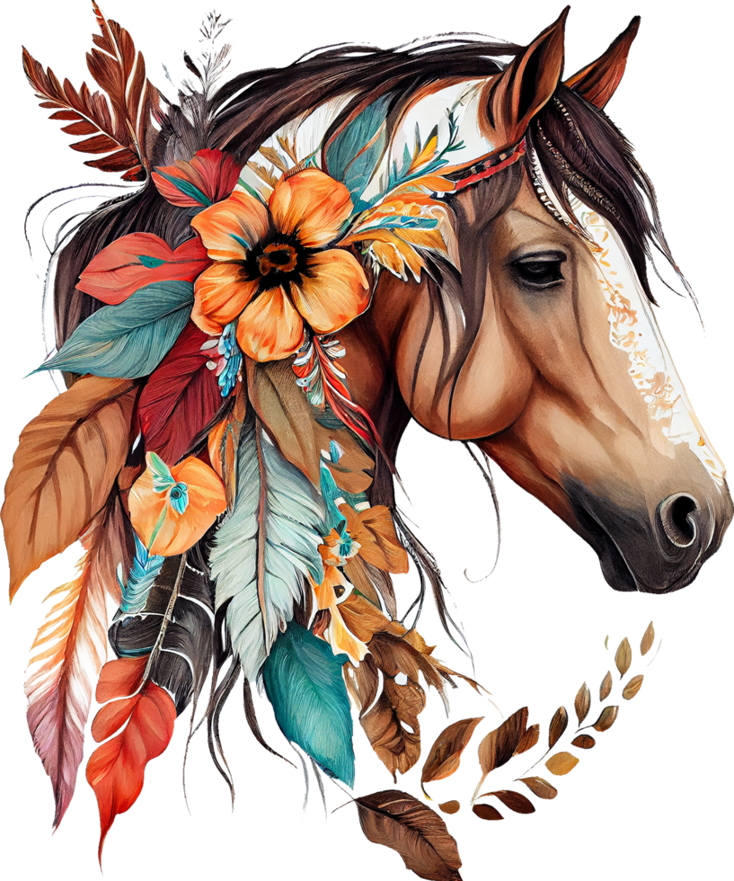 wild paard portret sublimatie waterverf t-shirt ontwerp, transparant achtergrond, ai gegenereerd png