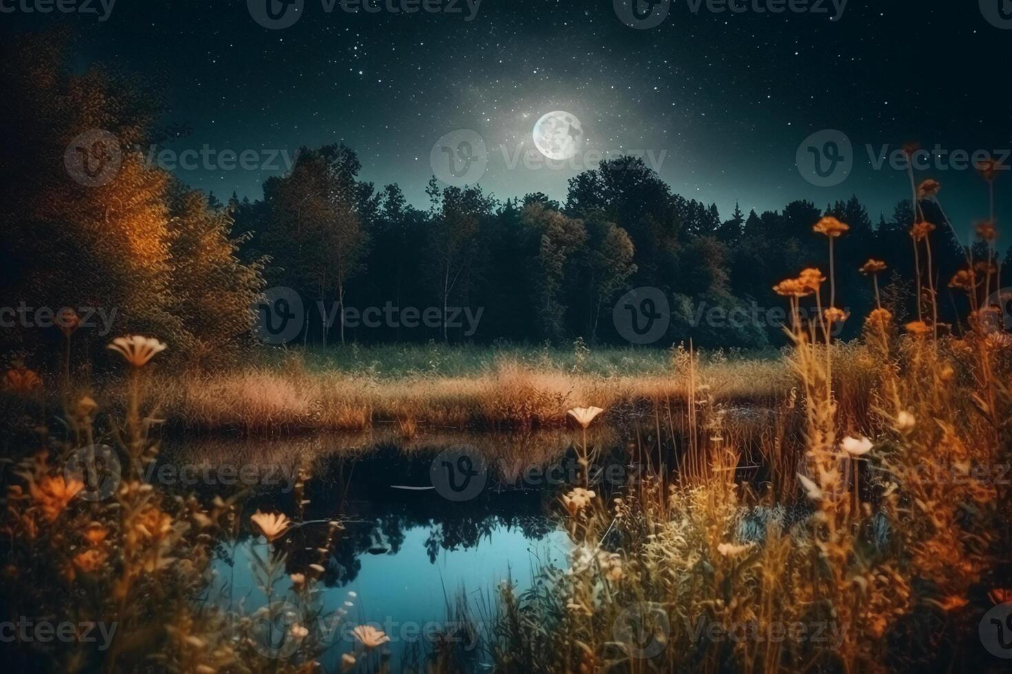 Night landscape environment harvest moon over a glittering lake lush vegetation birchwood trees, flowers, magical galaxy. photo