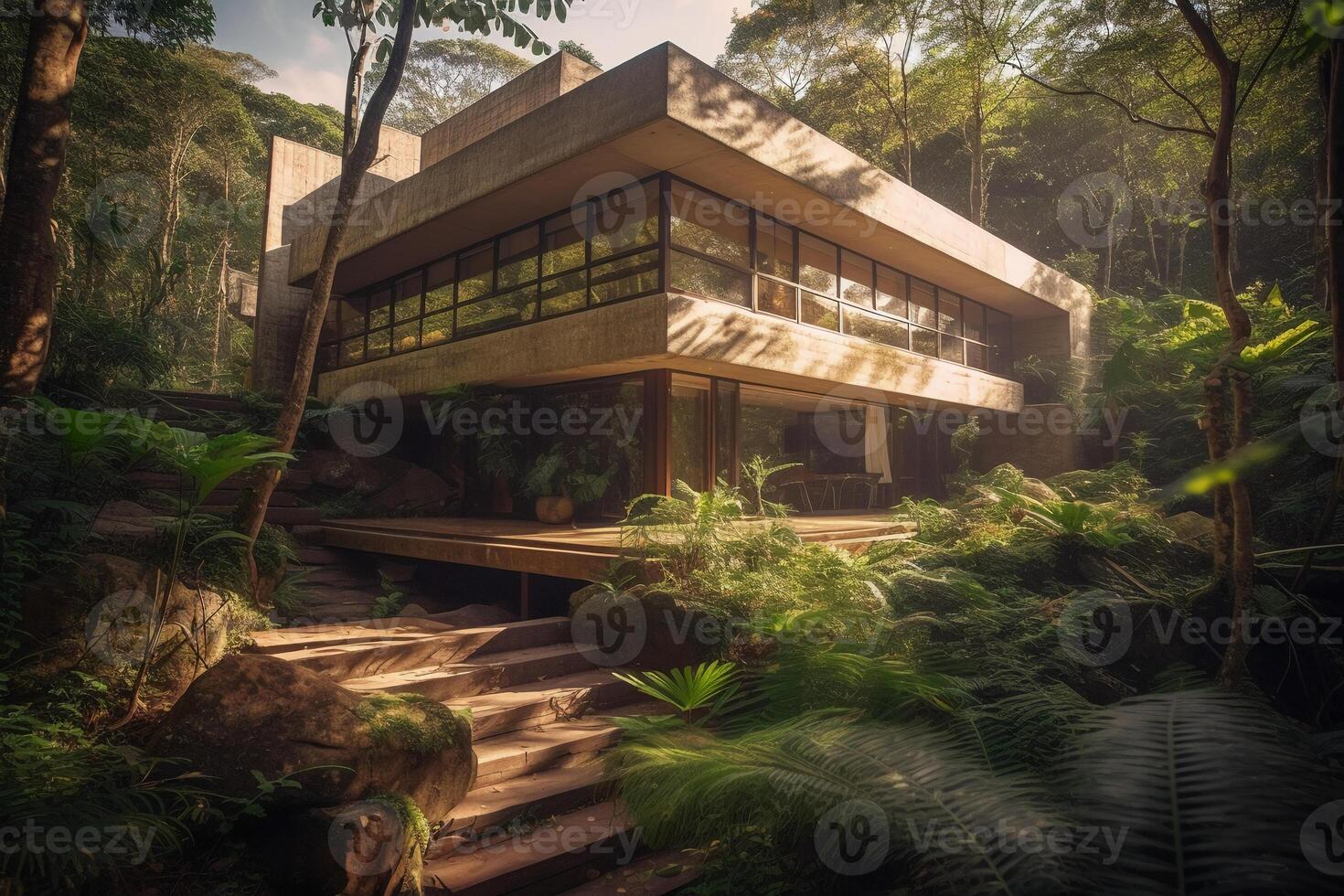 inspired new house in the brasilian jungle, brutalist, waterfalls, concrete, late in the day, sunshine through trees, view from parking towards glass patio, wide shot. photo