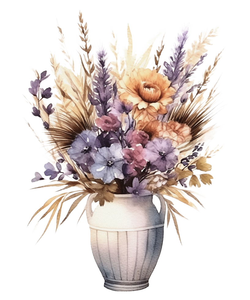 Vase mit getrocknet Blumen Sublimation Aquarell T-Shirt Design, transparent Hintergrund, ai generiert png