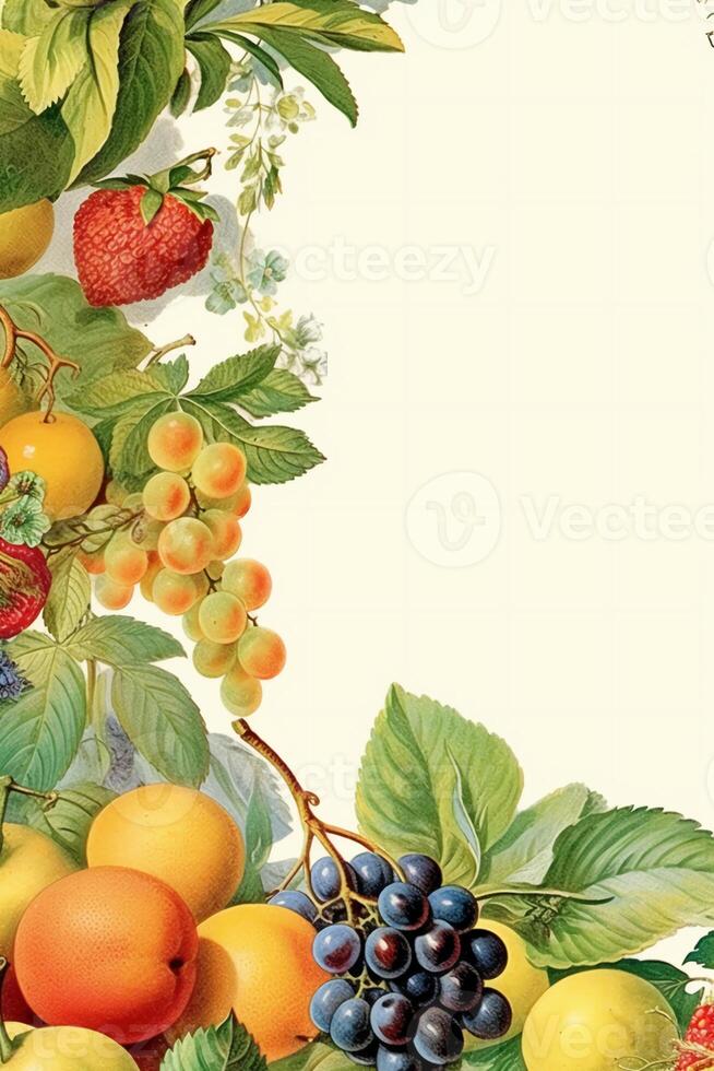 Blank empty white page with fresh fruit border, slightly edges. photo