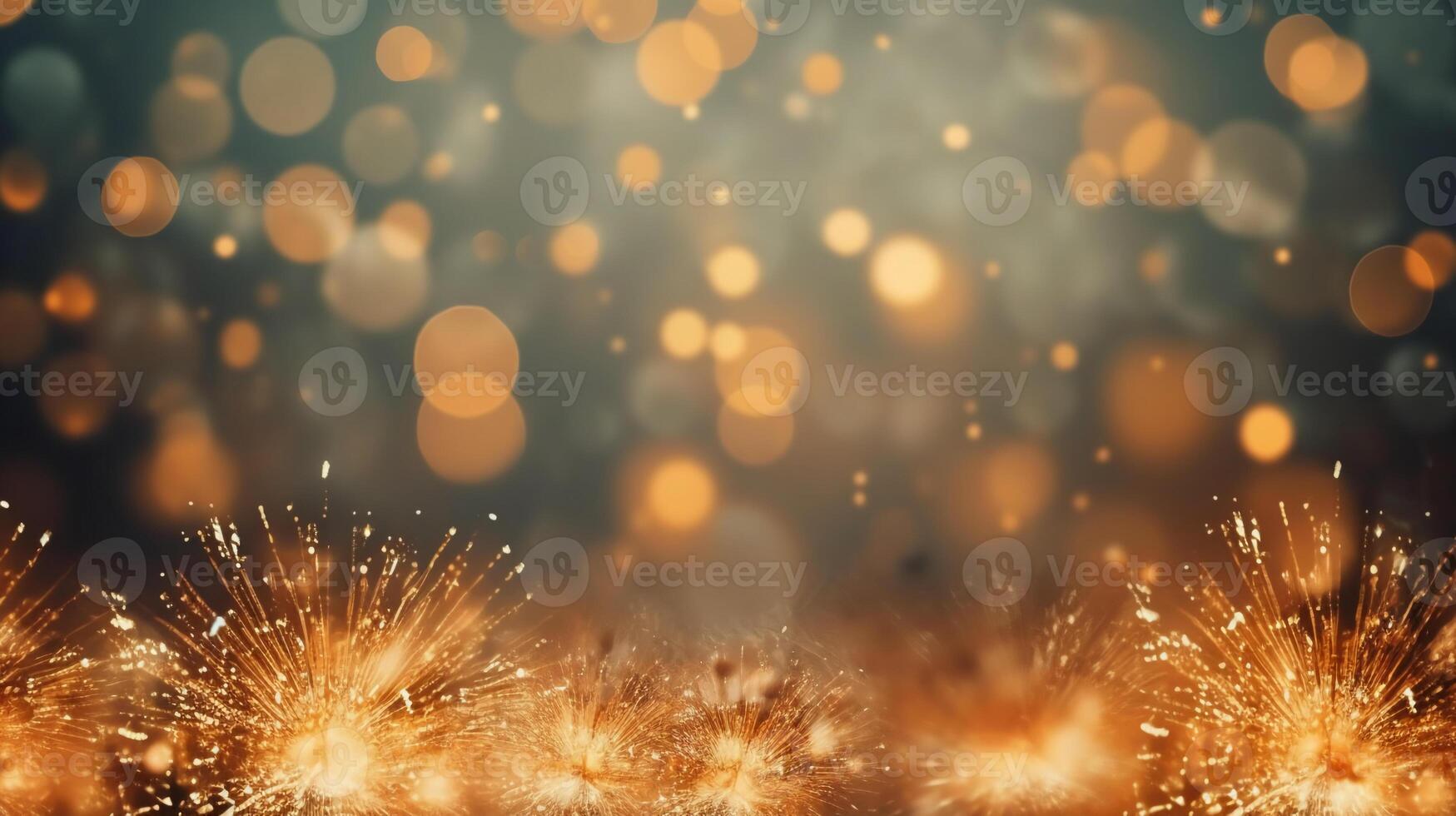 Gold and silver Fireworks and bokeh in New Year eve and copy space. Abstract background holiday. photo