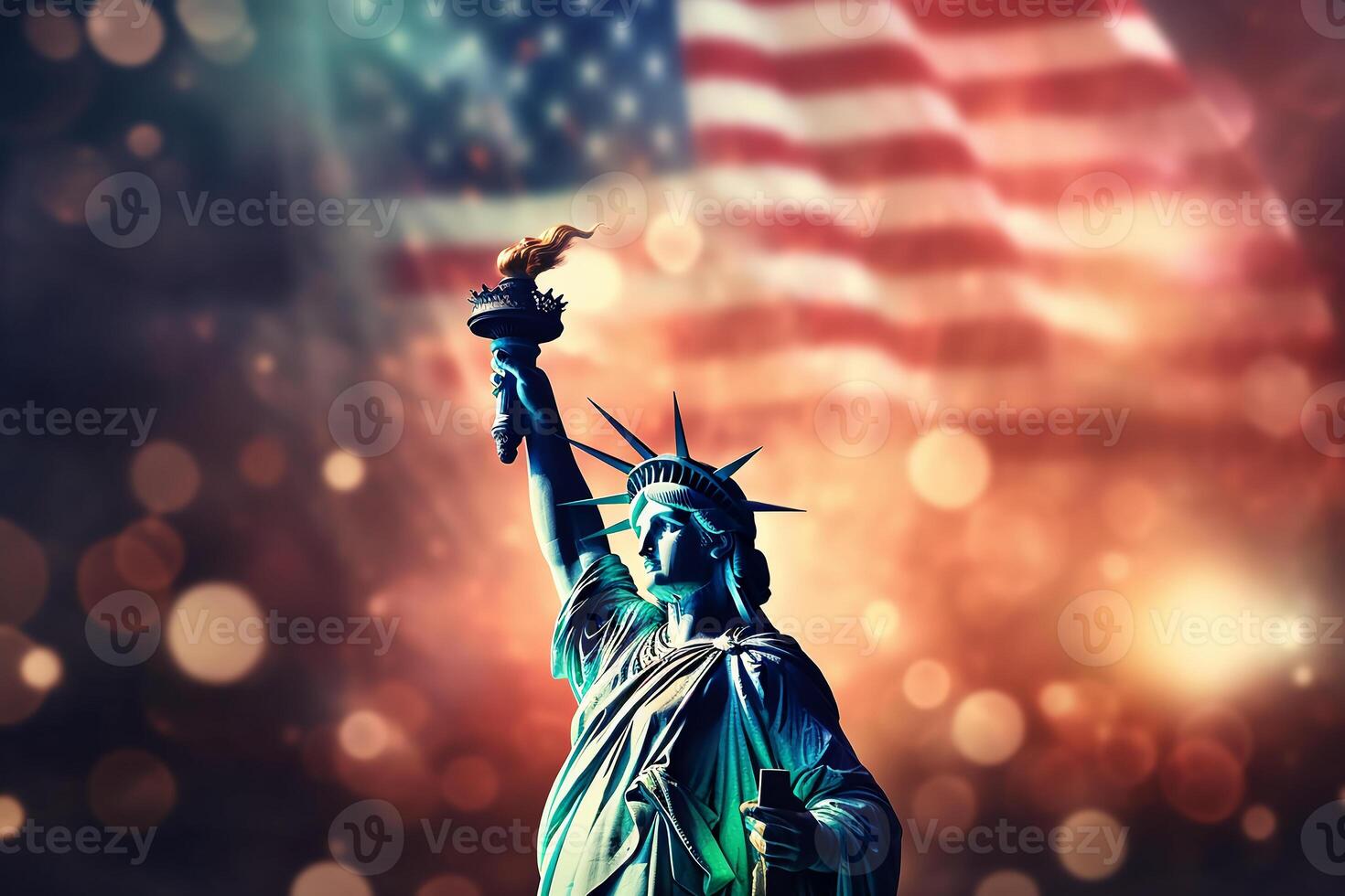 A blurred independense day, divine sky abstract background with bokeh glow, Illustration, photo